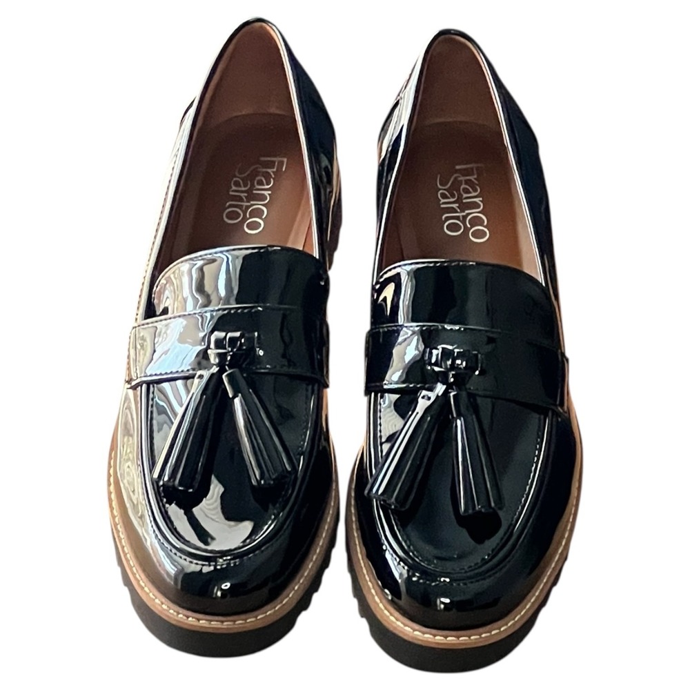 Franco Sarto L‑Carolynn Black Patent Tassel Lug Sole Loafers 8M